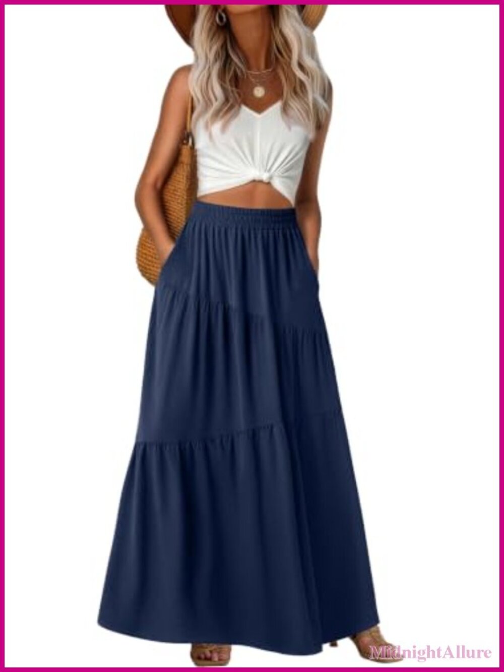Women's High Waist Maxi Skirt Tiered A-Line with Pockets